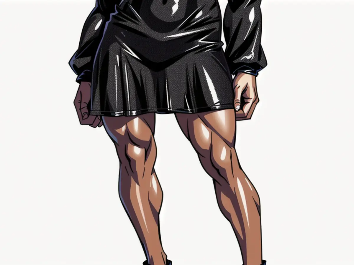Black-clad model dons miniscule sequin dress featuring extended arm sleeves Model adorned in glittering black mini gown with long quasi-sleeves.