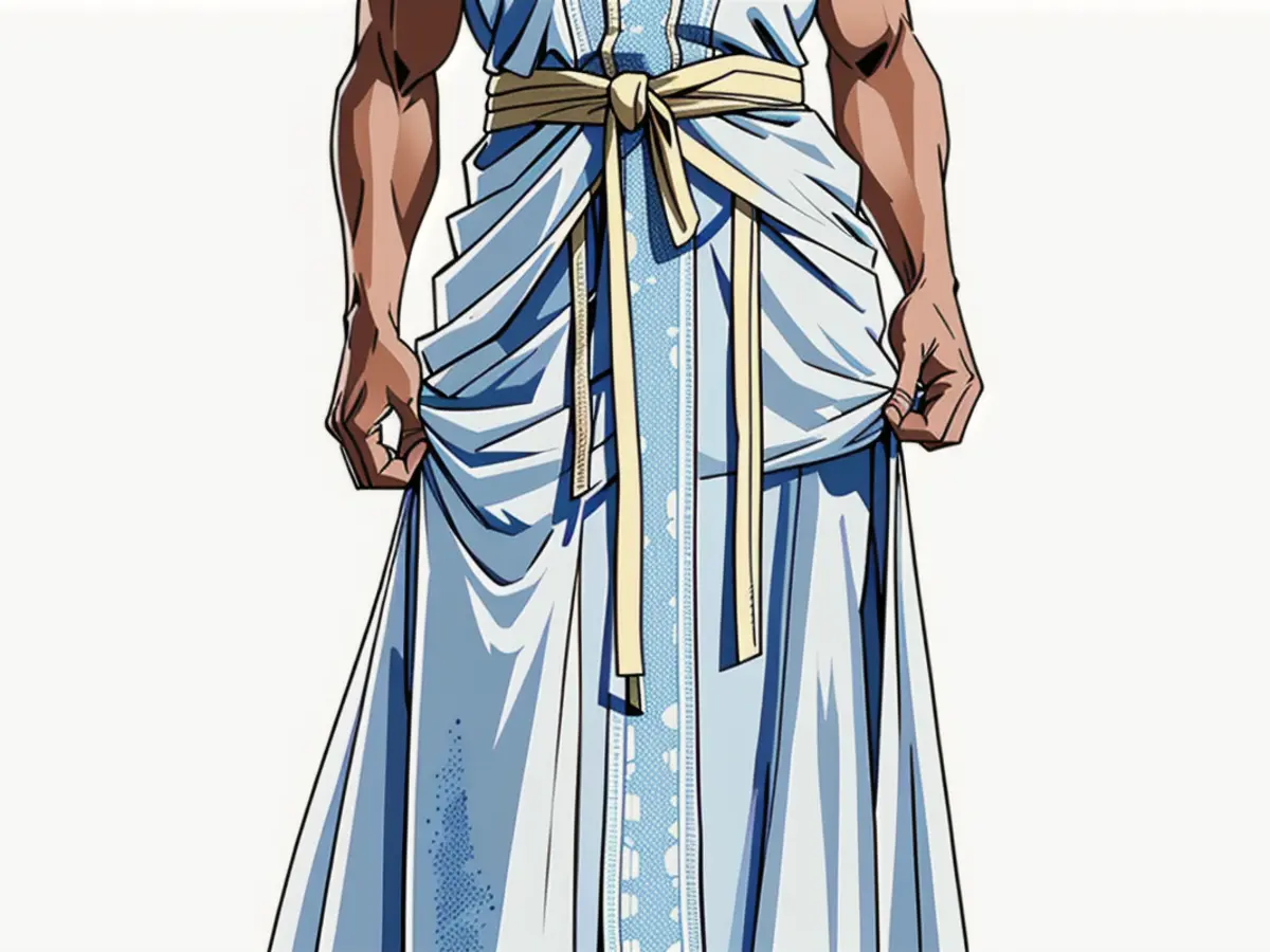 Long, light-blue gown adorned with beads, featuring spaghetti straps. Long, light-hued gown adorned with beads in a spaghetti strap design.