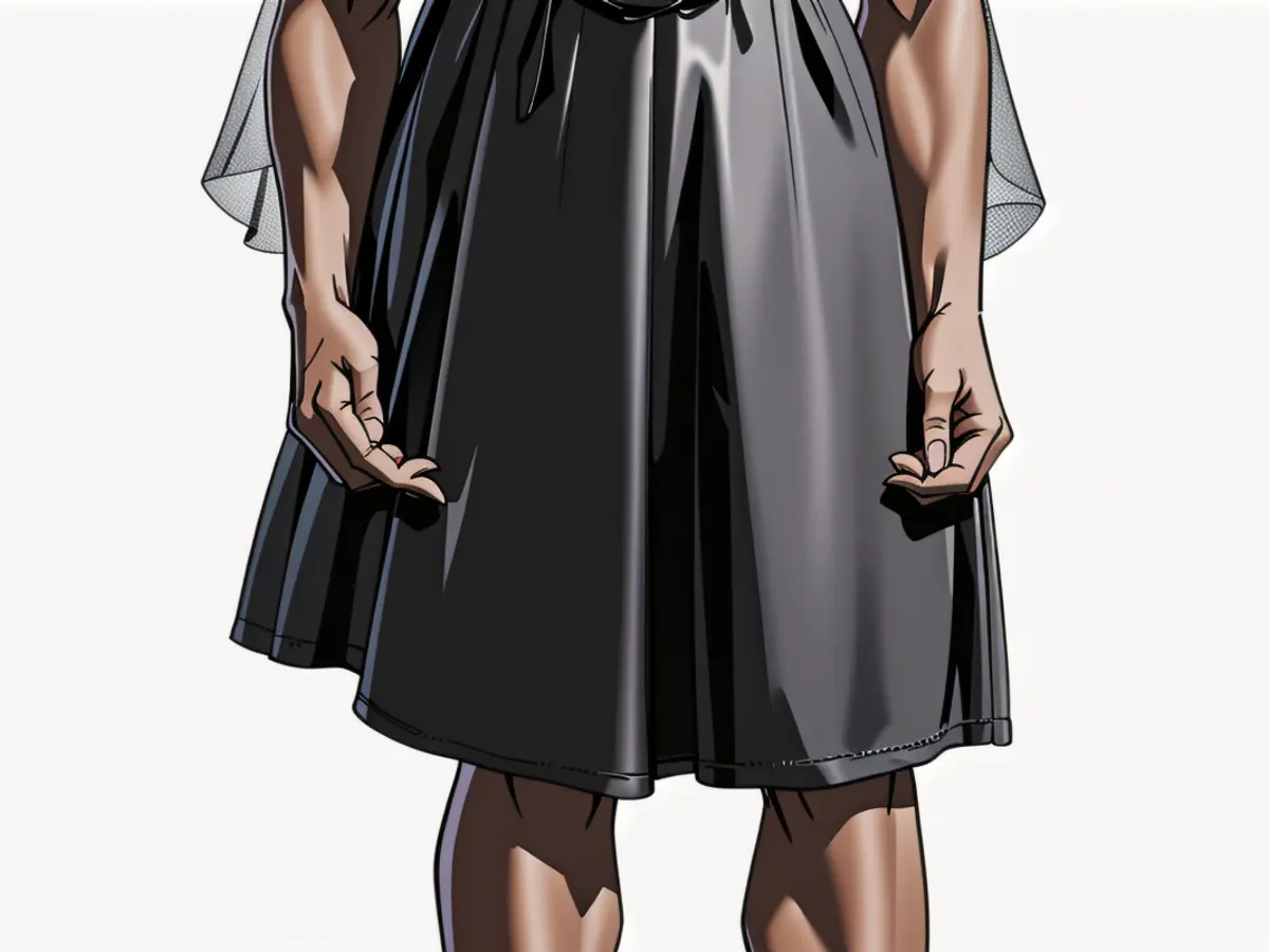 Model spotted in faux leather mini skater dress featuring extended tulle sleeves adorned with Swiss dots. Black leather skater dress of alleged fake material, knee-length, features long, poofy tulle Swiss dotted sleeves.
