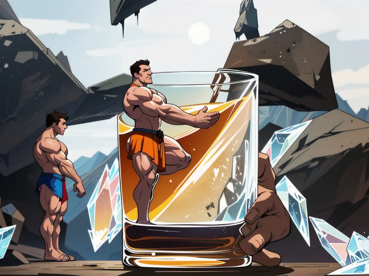 Brown spirits served in a stones glass, accompanied by a piece of frozen ice. Glass containing ice and amber-hued spirit, arranged in a traditional rocks style.