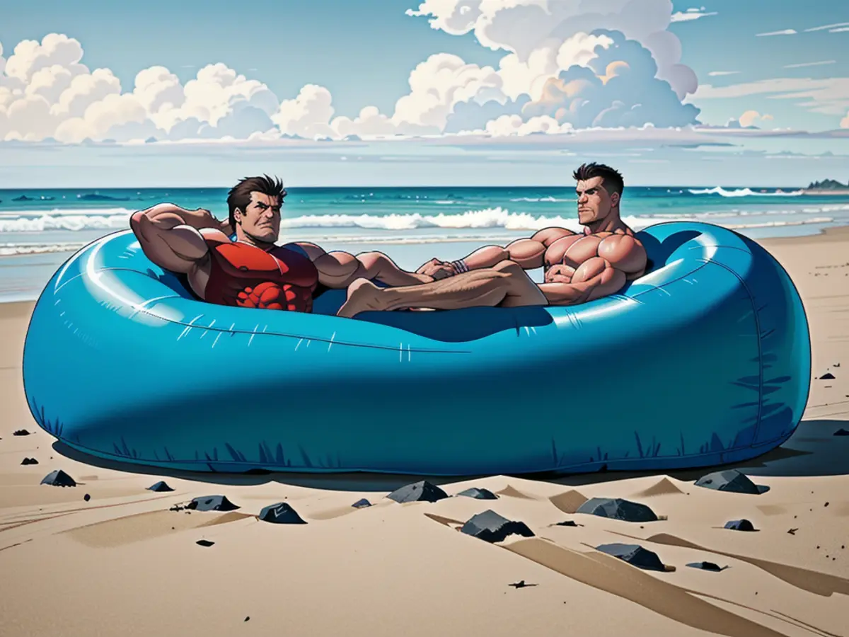 Beachgoer Lounging on Blown-up Lounger at Shoreline