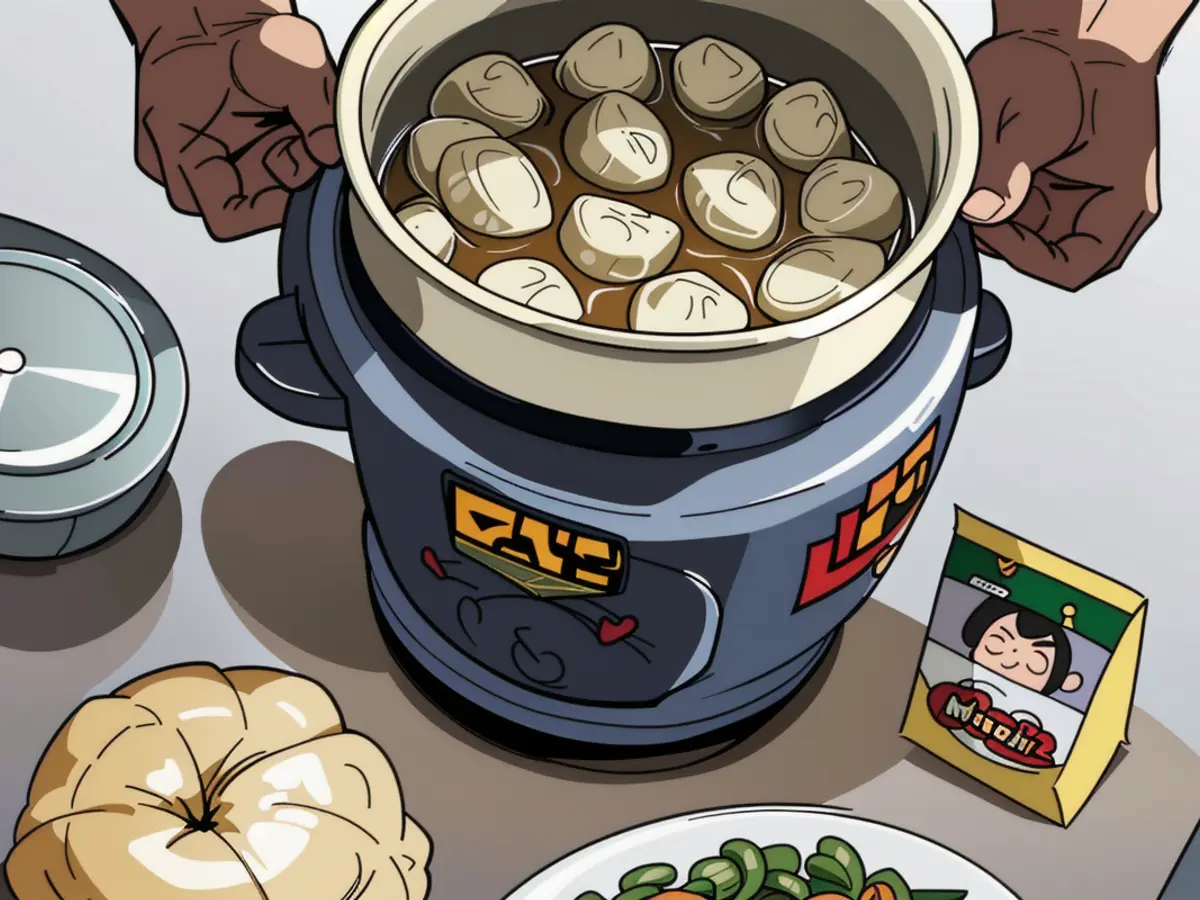 A cooker components: includes a tray for steam-cooking meals, showcasing dumplings as a demo.