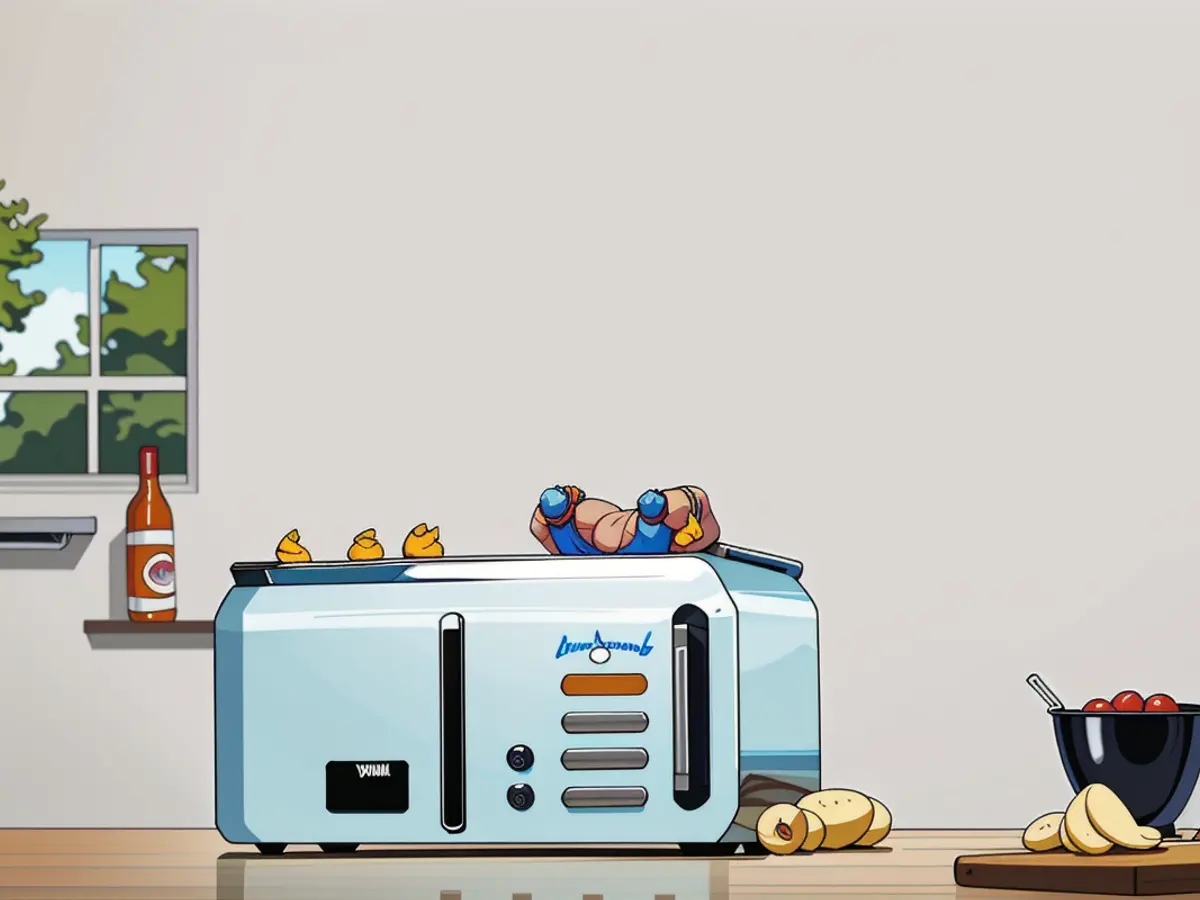 Toaster in kitchen's fore: blue model located