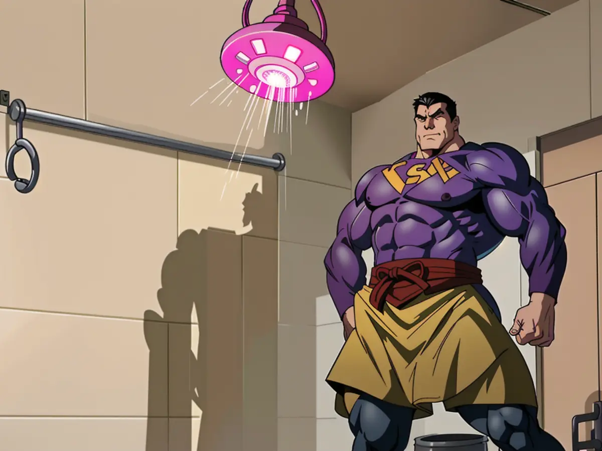 Shower head emitting pink glow in well-lit room, as captured by reviewer. Glowing pink showerhead depicted in well-lit space, as per photographs in review.