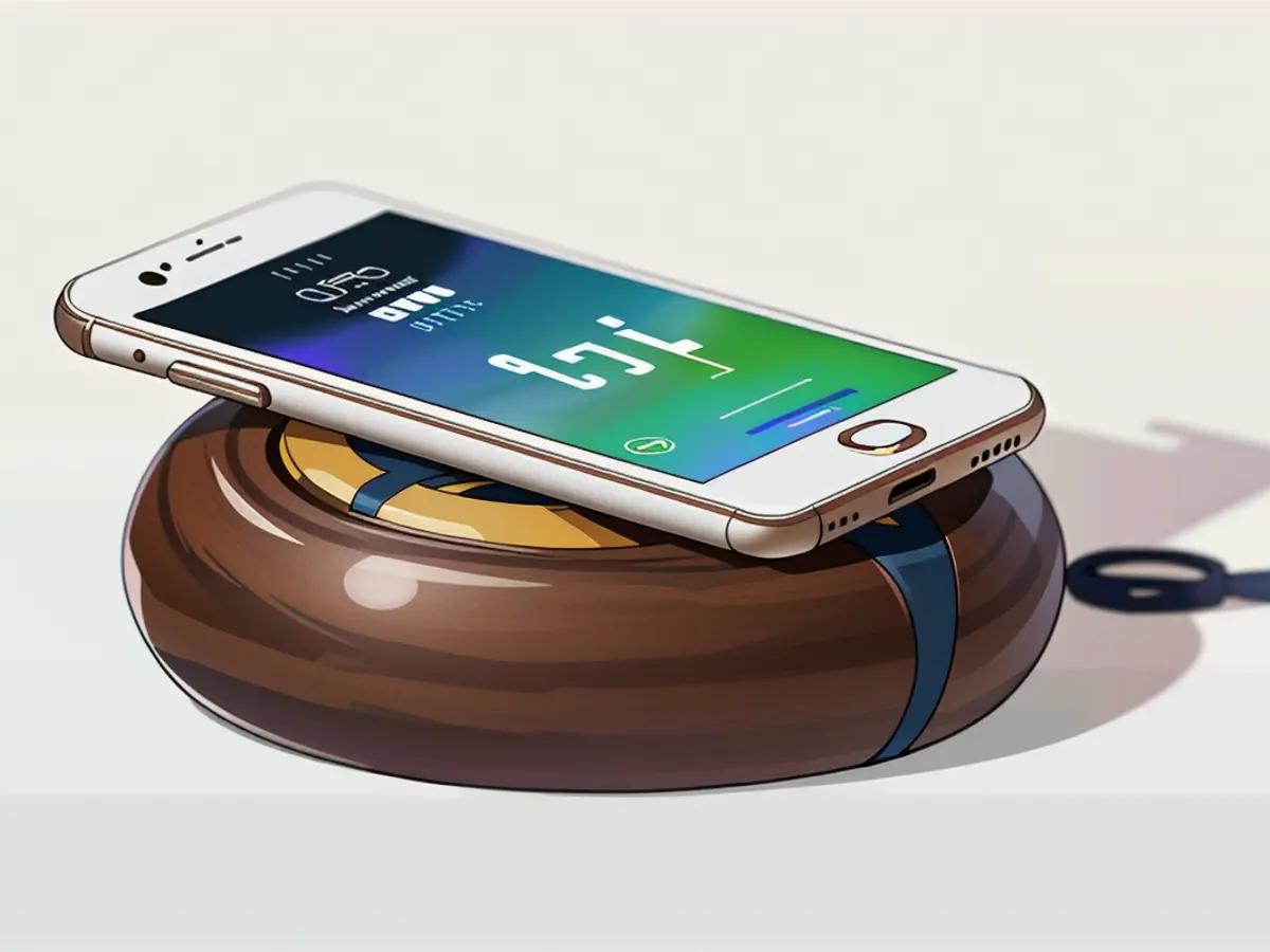 Phone placed on a geometric walnut wooden charging station, featuring a flat surface Phone sitting on a geometric walnut wood charger stand, featuring a level surface.
