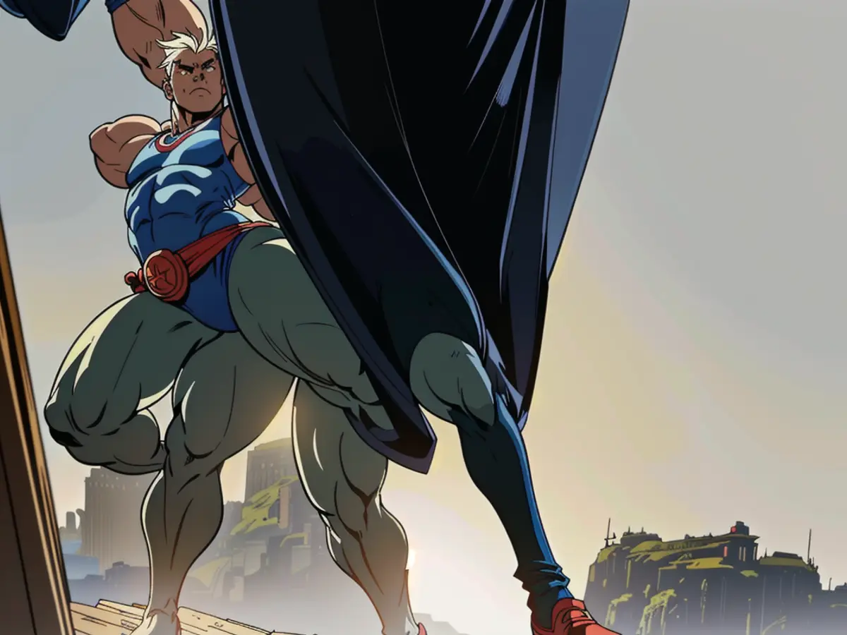 Individual sporting distinctive tri-colored yoga pants, resembling capri style, dons a matching...