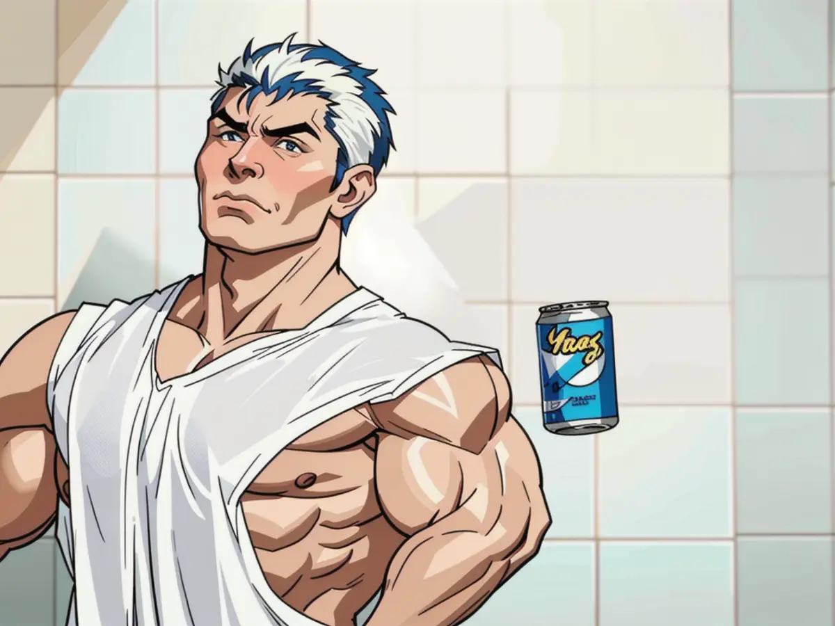 Individual enjoying a beverage in the shower, with the can holder securely attached to the tiled wall. individual savoring a beverage from a can, with the holder securely attached to the tiled shower wall behind them