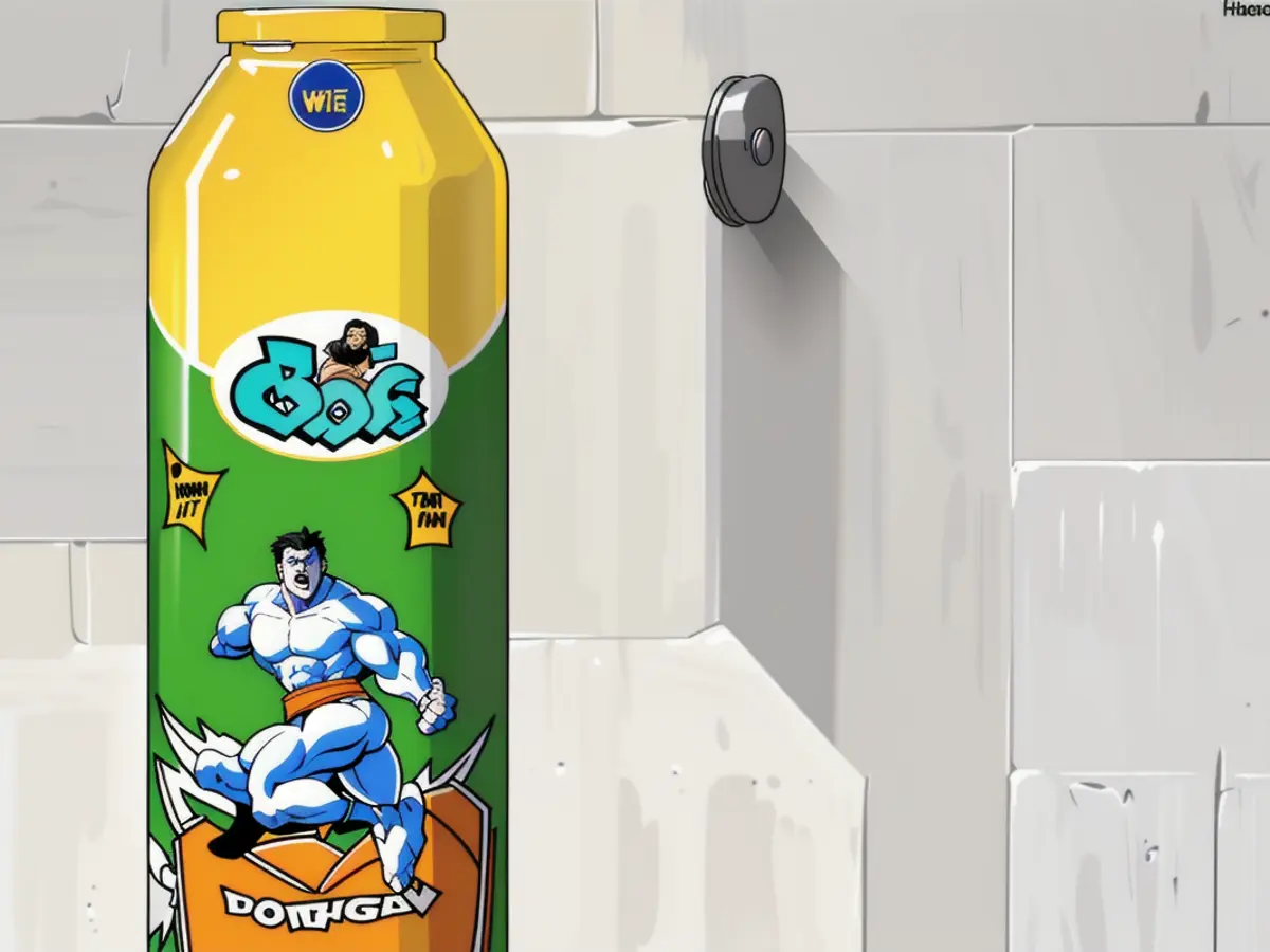 A green and orange bottle positioned near a shower stall A shower area displaying a green and orange bottleneck arrangement.