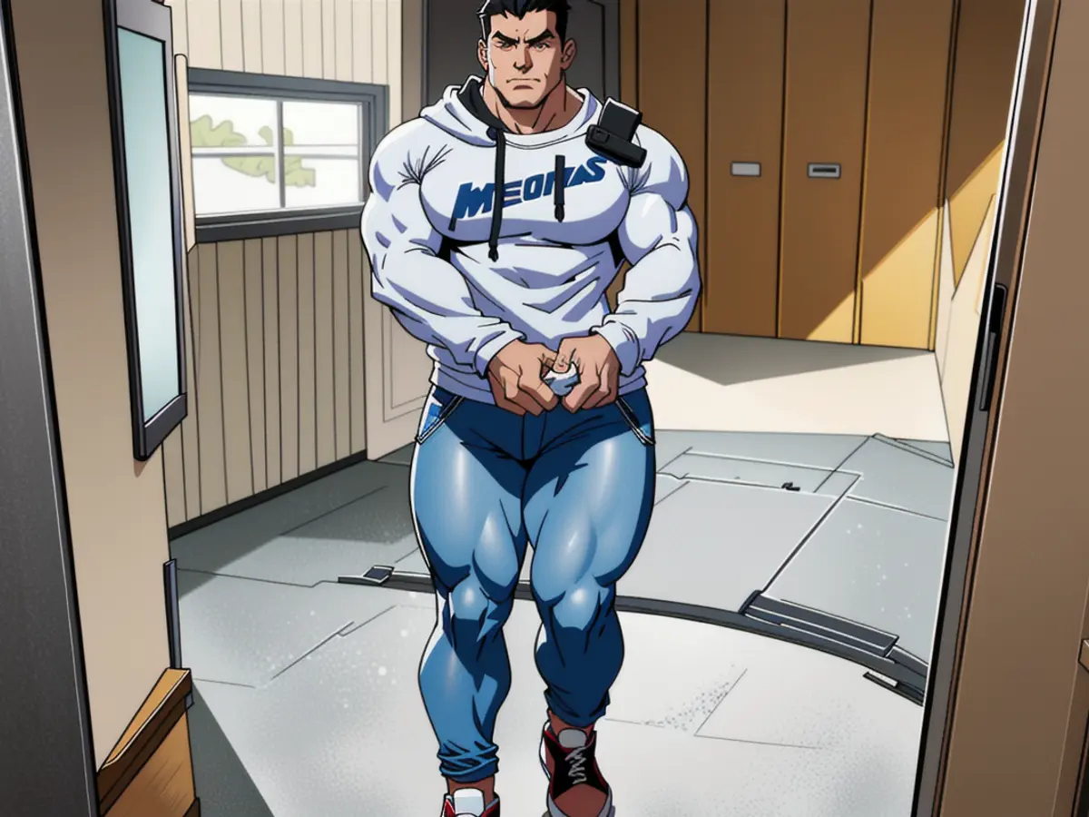 Individual scrutinizing product while clad in a white sweater, blue jeans, and athletic shoes. Individual dressed in a white sweatshirt, denim jeans, and sneakers conducts evaluation.