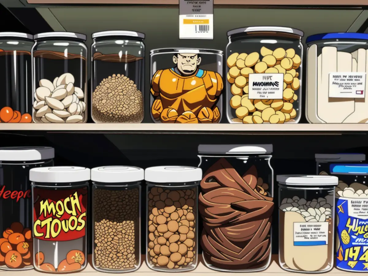 Images of labels on transparent food storage containers kept in a pantry Images depicting labels on clear storage containers for food, found in a pantry