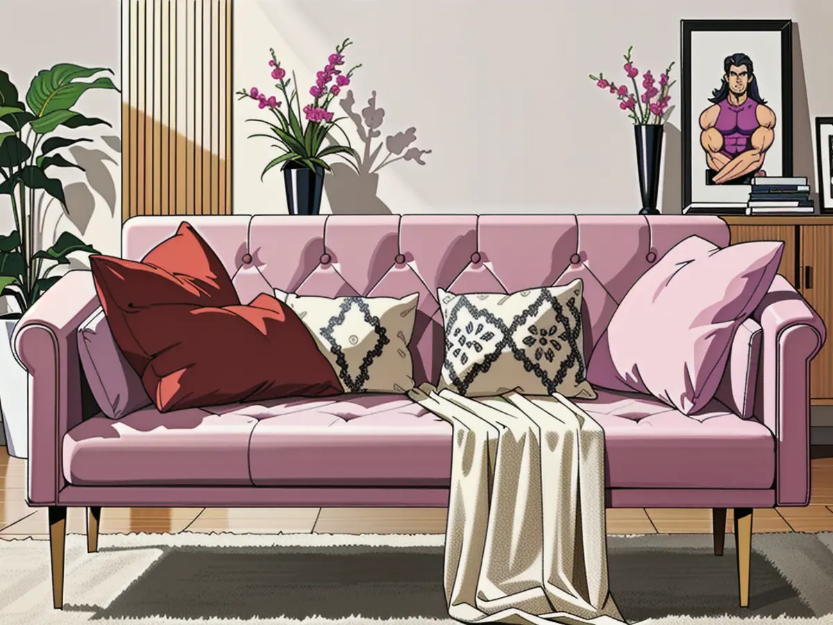 Contemporary, chic living room showcases a ravishing pink tufted couch, cushions, a texturized throw, a mid-century credenza, while adorning decorative greenery and wall accents. Contemporary living space featuring a pink tufted couch, matching cushions, a textured throw, a mid-century sideboard, plus decorative greenery and wall adornments.