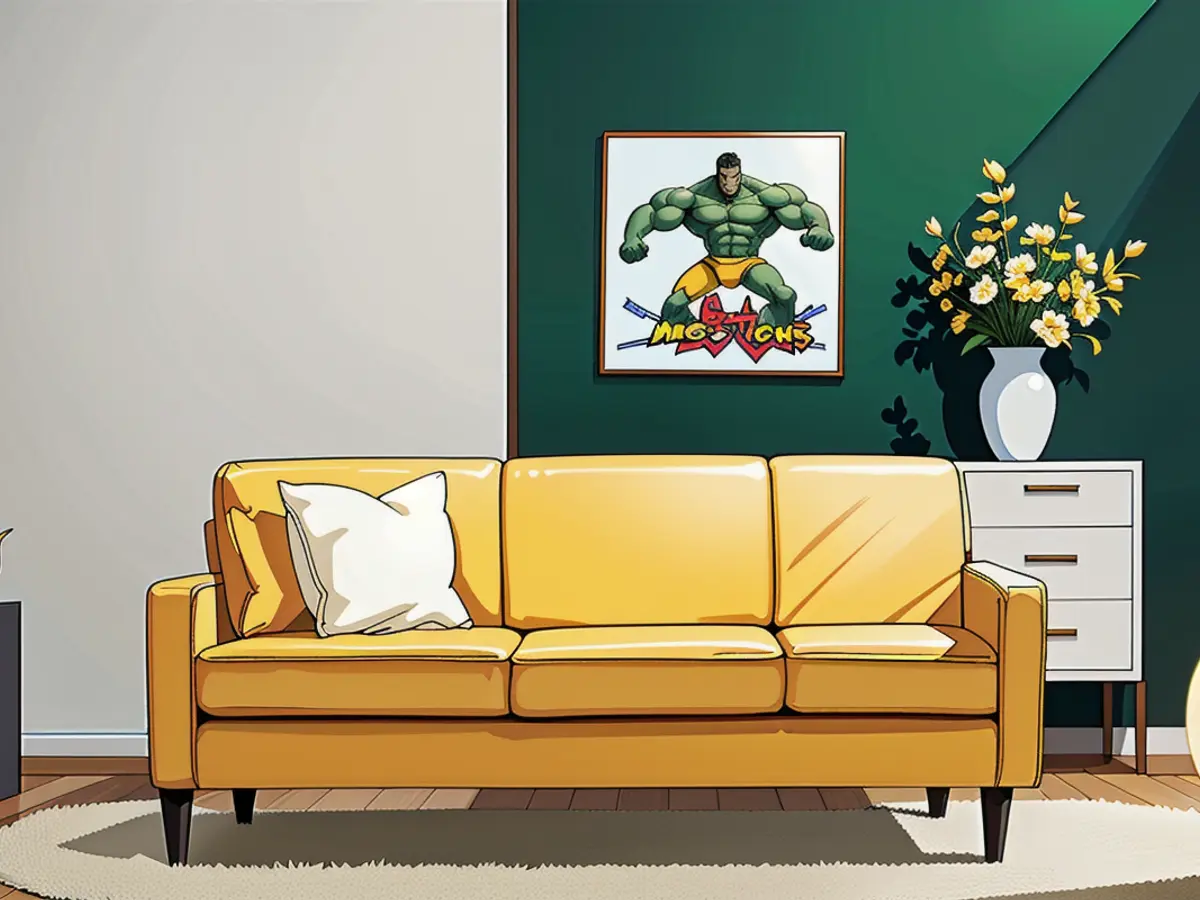 Green room adorned with a single yellow couch, featuring white-hued cushions. A green chamber adorned with a white-cushioned yellow sofa.