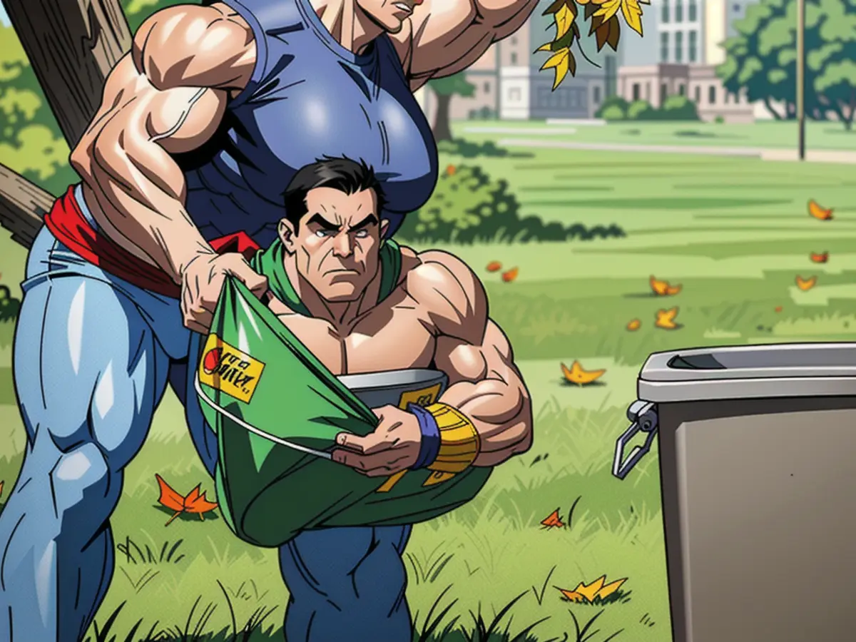 Dumping fallen leaves into a waste bin. Individual emptying leaves into a garbage bin.