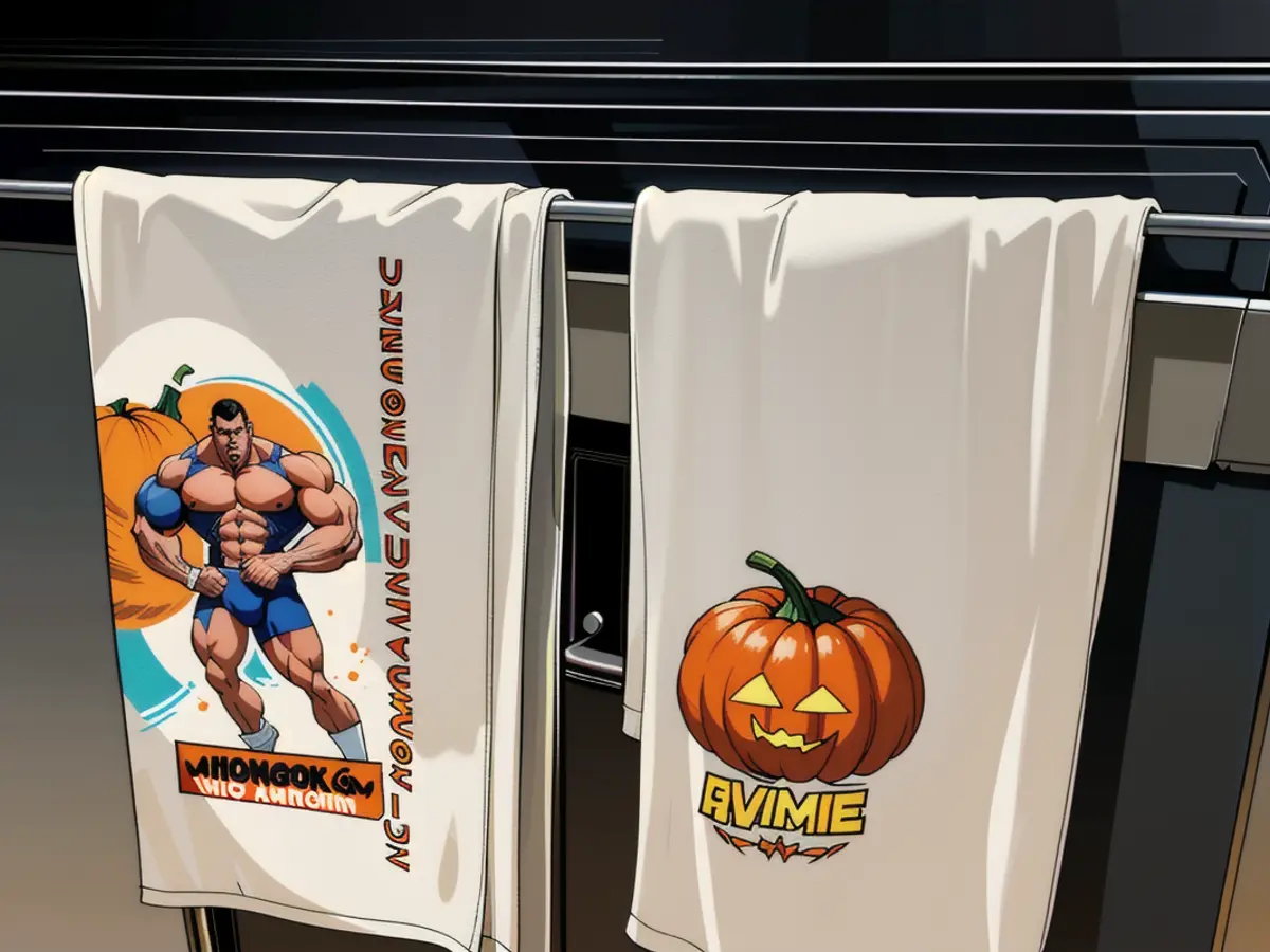 Checker towel in orange and white, alongside one showcasing a pumpkin, found hanging from a reviewer's oven. Tower with an orange and white checker pattern, along with another featuring a pumpkin, observed hanging in a reviewer's oven.