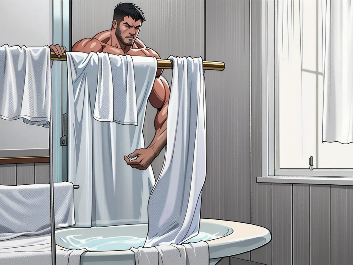 Nine-pocket shower curtain in clear material for easy storage of towels, brushes, and loofahs. Nine-pocket transparent shower curtain, ideal for organizing towels, brushes, and loofahs.