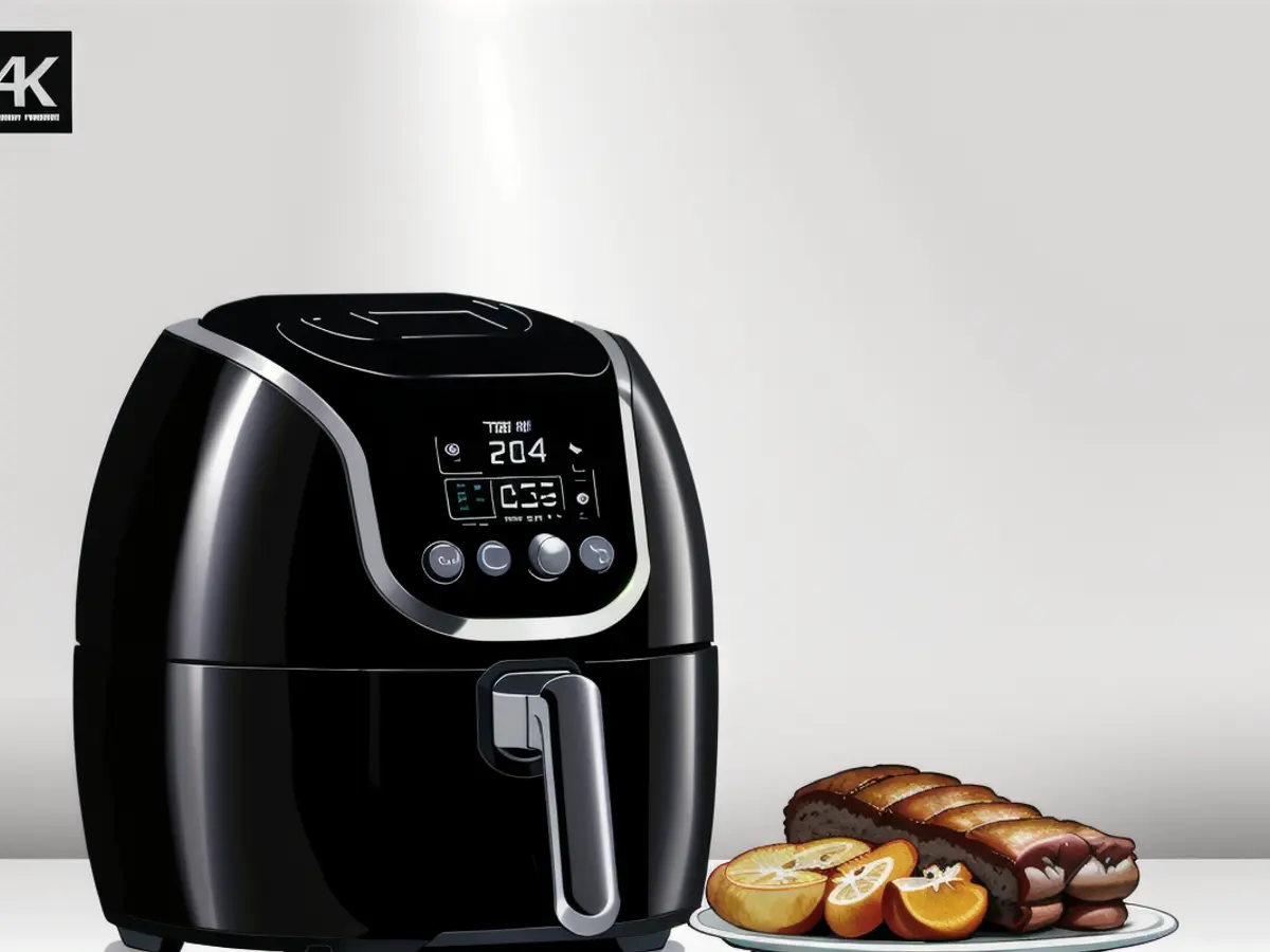 Silver-handled black air fryer features LED display and multiple buttons for operation. Silver-accented air fryer in black features an LED screen and multiple control buttons.