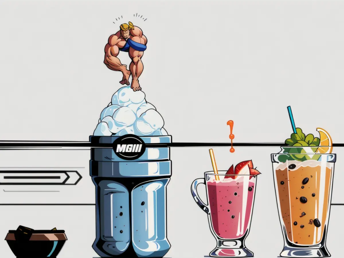 Blender filled with crushed ice, fruit chunks, and two cups brimming with smoothee nearby Blender filled with ice and fruit, accompanied by two completely filled smoothie cups nearby