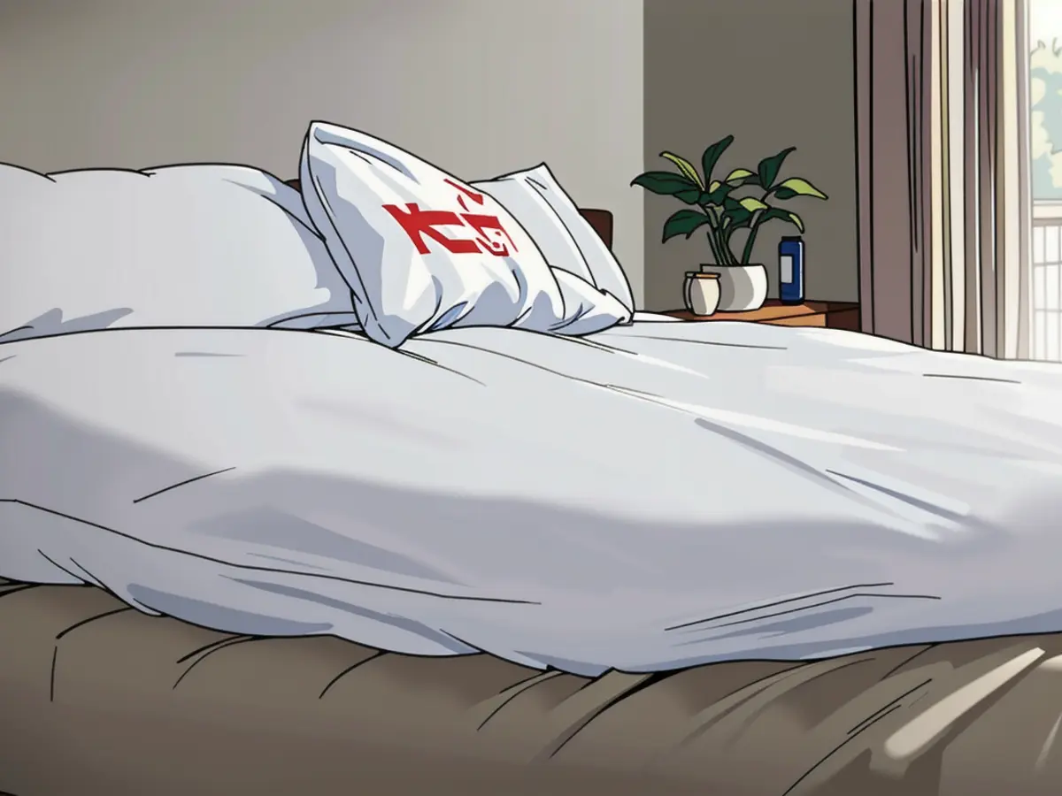 Protective cover and pillows, both white, secure mattress in a room with a taupe color palette. Zippered mattress protector covers bed, accompanied by two white pillows in a room with a taupe color scheme.