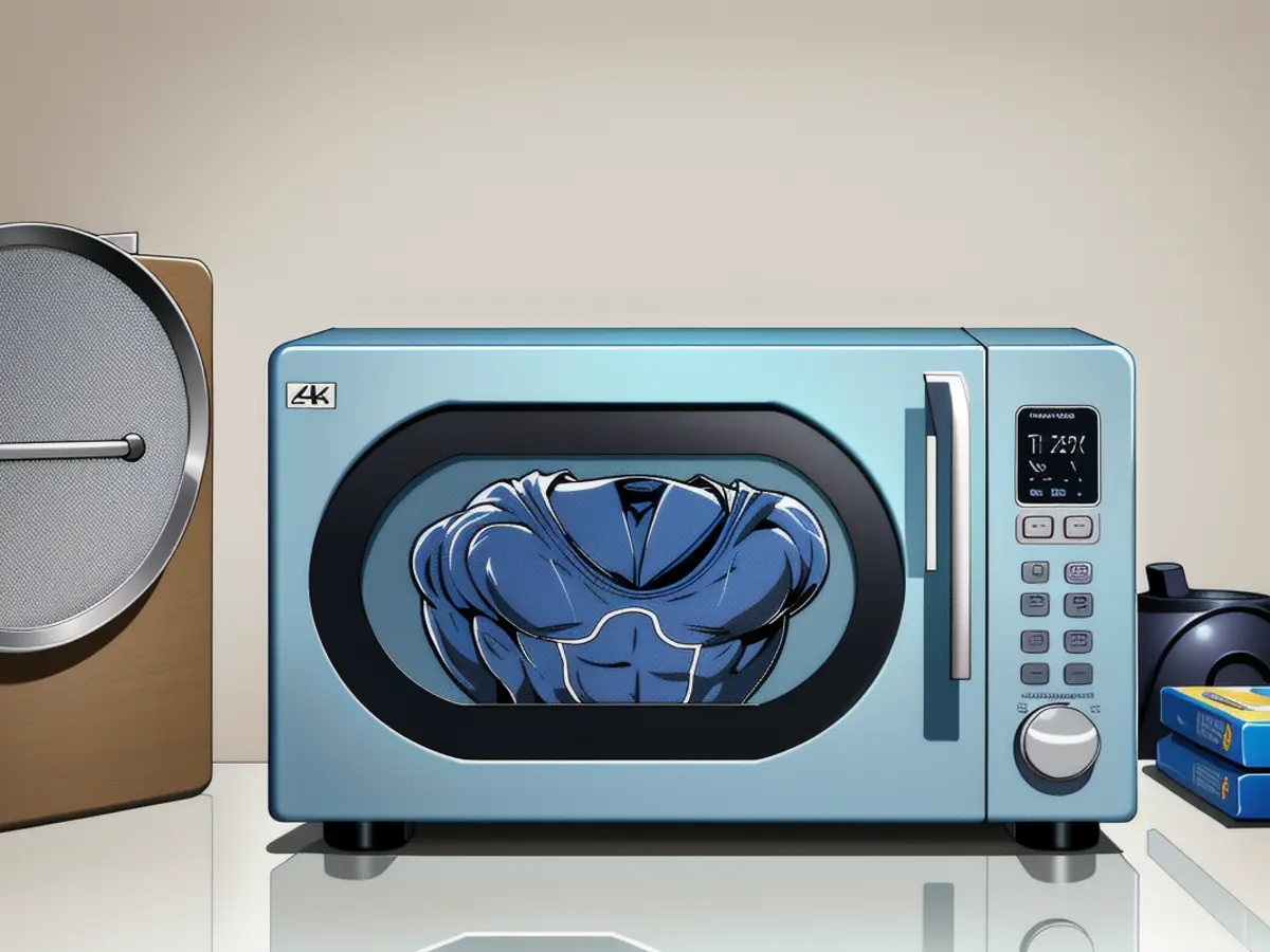 Countertop-situated, light-blue microwave oven Microwave of light blue hue, placed on a kitchen counter