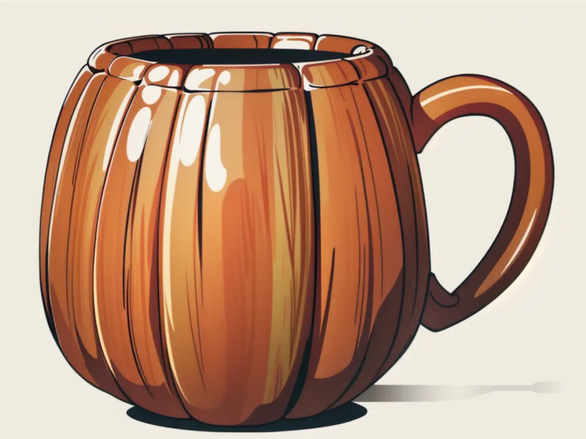Drinking beverage from a decorative pumpkin cup Gourd-shaped drinking container, ideal for warm beverages during autumn season.