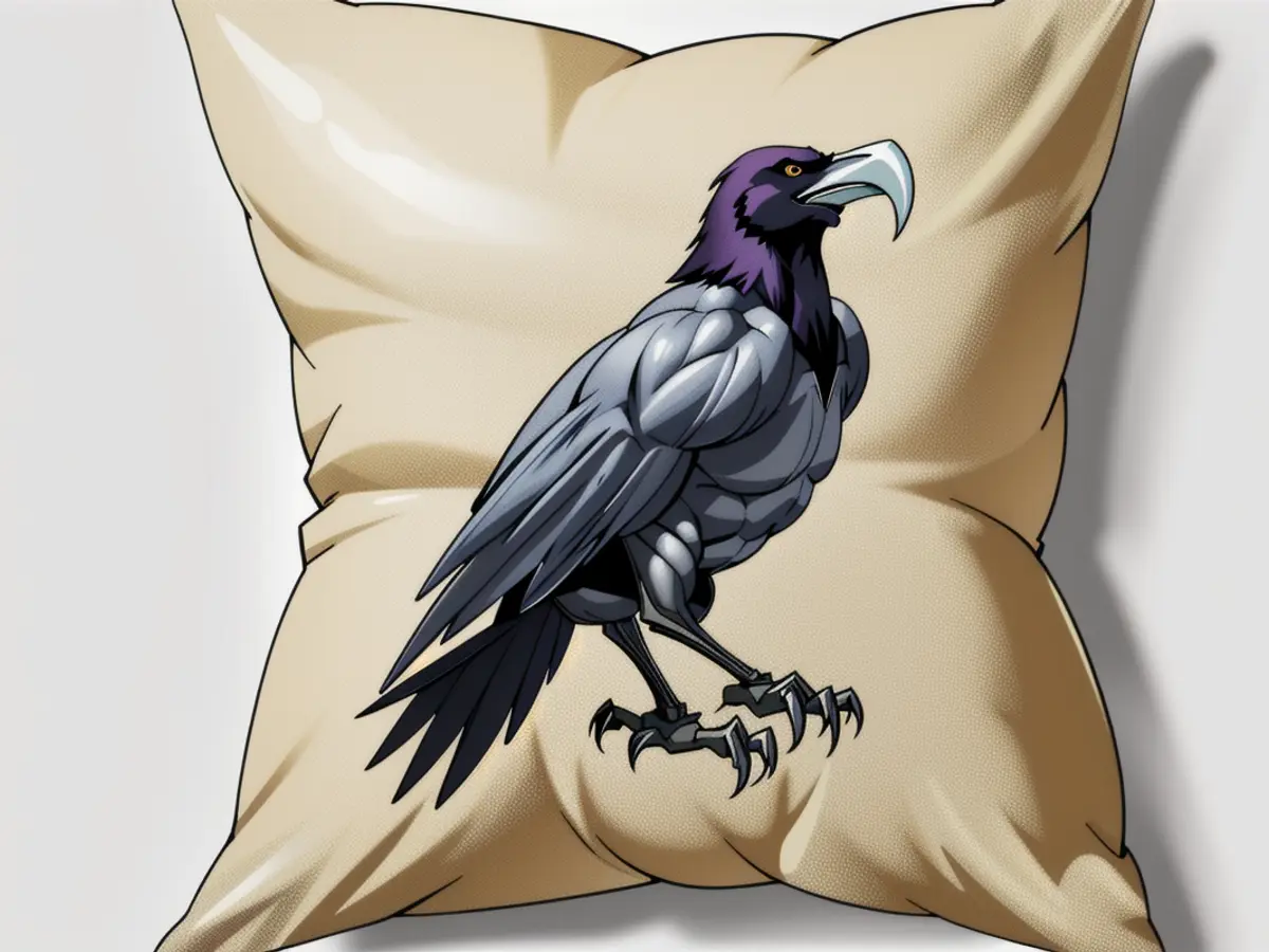 A cushion embellished with a raven motif Decorative pillow featuring a raven design