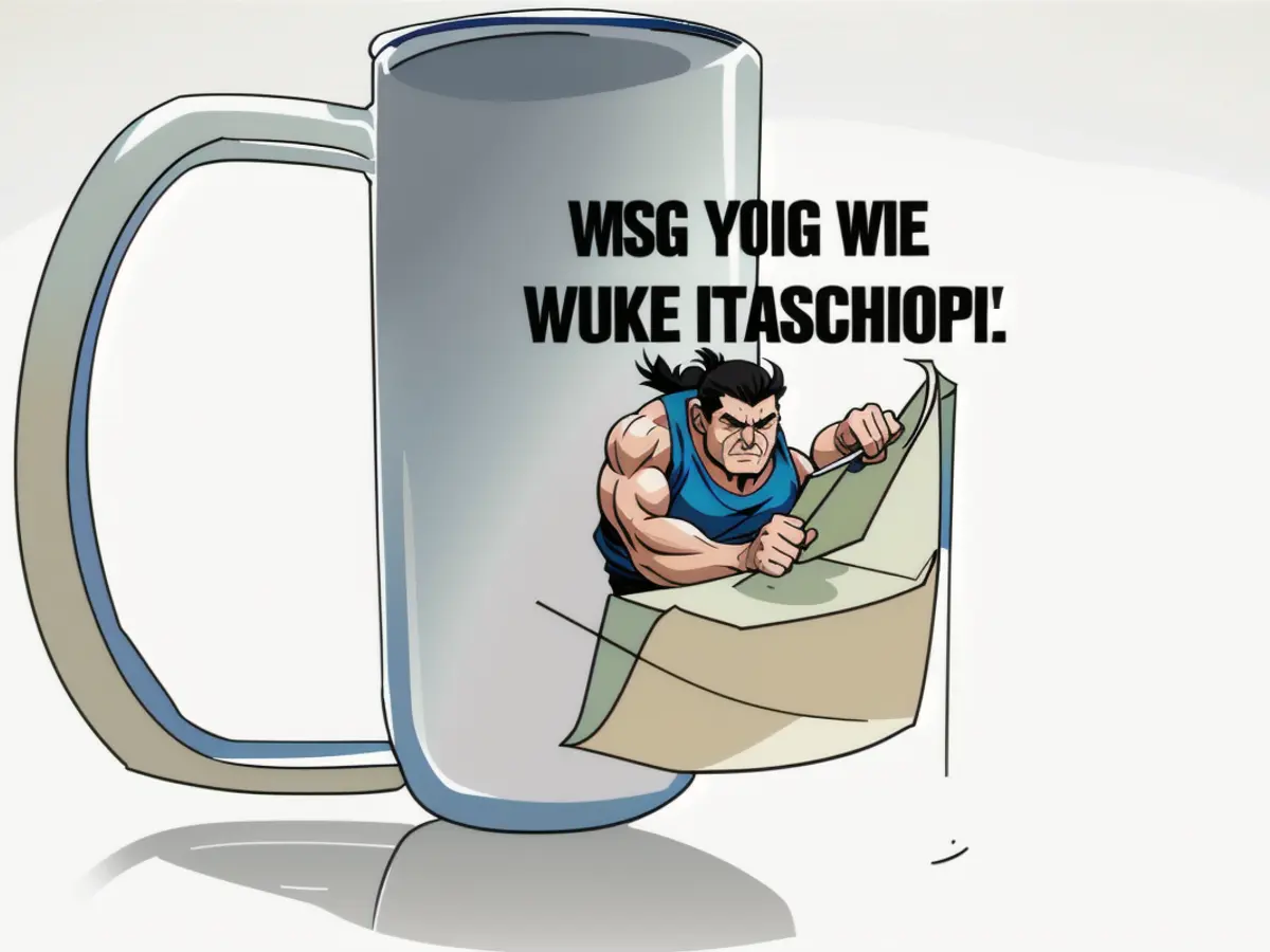 Mug adorned with an image of Cuppy the cupcake frantically typing on a computer engulfed in flames, accompanied by the caption 