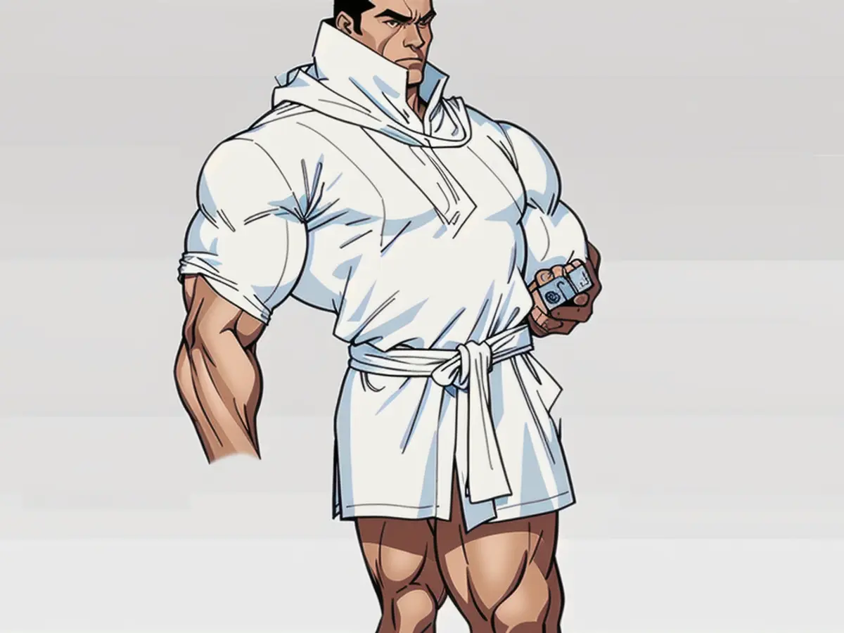 Figure clad in a brief, white garment with extended sleeves. Individual adorned in a short white gown featuring long sleeves.