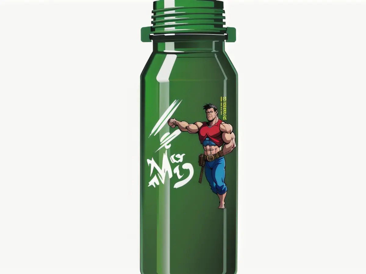 18-ounce water bottle featuring a greenish-teal color, screw-top spout lid, carry handle, and rubberized base 18-ounce water container featuring a screw-top spout, handle, and rubber bottom, available in a greenish metallic hue.