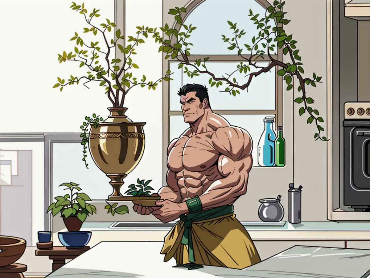 Green-branched vases adorned with gold, accompanied by a miniature plant, rest on a gleaming marble countertop. A log storage container lies close to a window in this brightly lit kitchen. Marble-topped kitchen features gold vases with verdant branches and a miniature flora, while a log holder stands by the sunlit window.