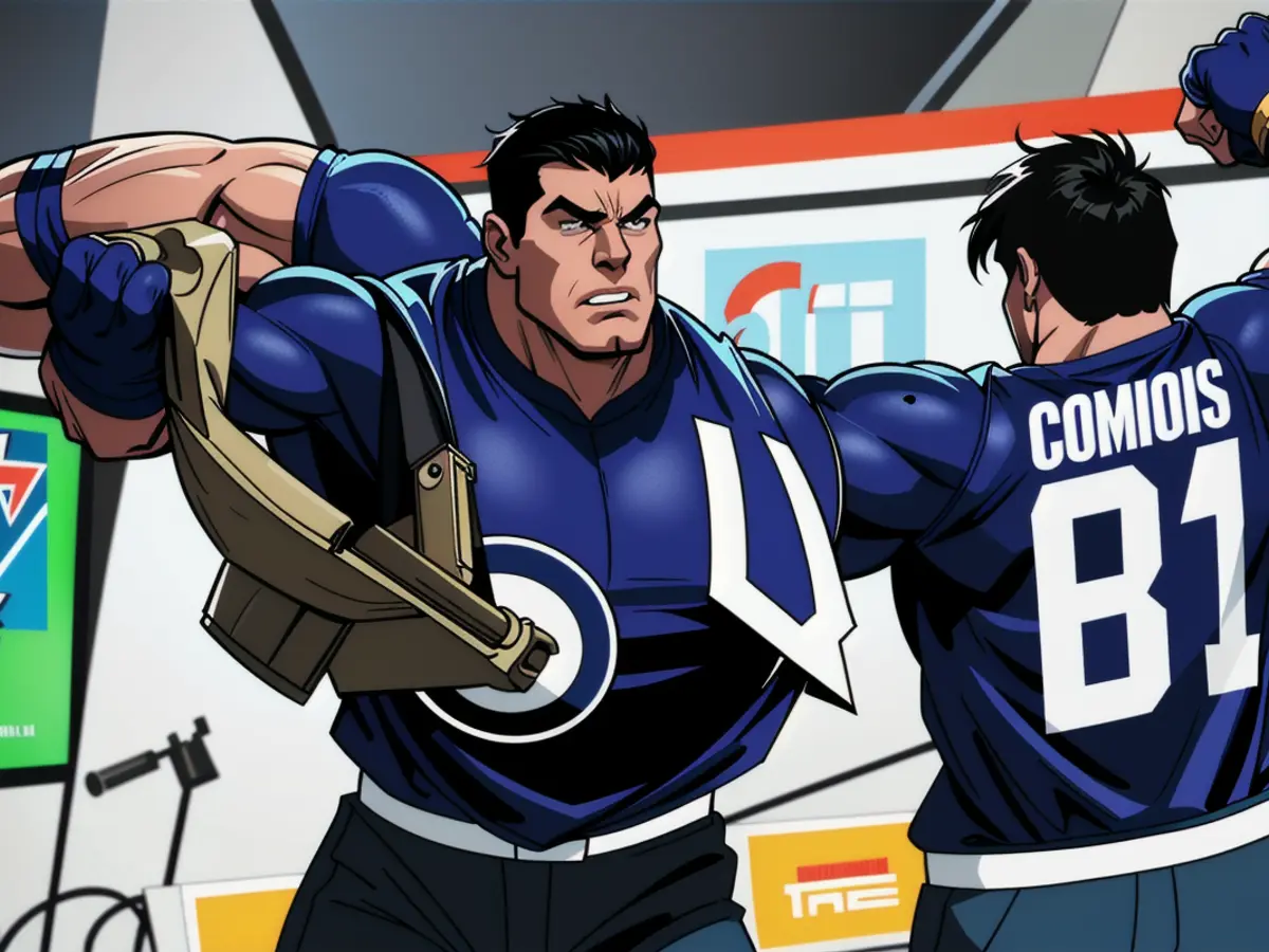 Graphic representation displaying a controversial political rally, featuring a notably divisive figure prominently. Crowds clashing, with signs and slogans indicative of strong opinions held by both sides. Goaltender Connor Hellebuyck of the Jets is the top contender for the Vezina Trophy, yet spectators focus more on his turbulent performances against the Blues in the series.