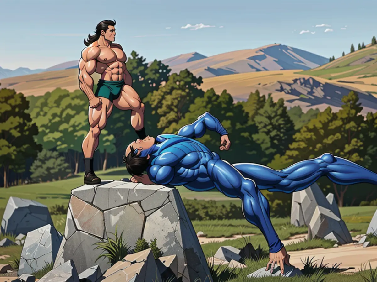 Person depicted in the visual appears to be engaging in a violent, aggressive encounter, displaying signs of physical altercation. The individual on the left seems to be delivering a forceful punch to the other, who is shown in a defensive posture. There's a visible expression of pain and shock on the recipient's face. The setting appears to be a dimly lit area, potentially an alley or isolated street. Military operations named