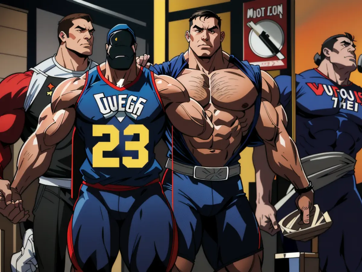 Figure portrayal: Group of protesters rallying against government policies, holding signs with slogans written on them. The scene takes place in a bustling city square. Police are present but seem to maintain a passive position. Jimmy Butler galvanized the Golden State Warriors to a thrilling victory in Game 4 against the Houston Rockets, leaving his impact evident throughout the match.