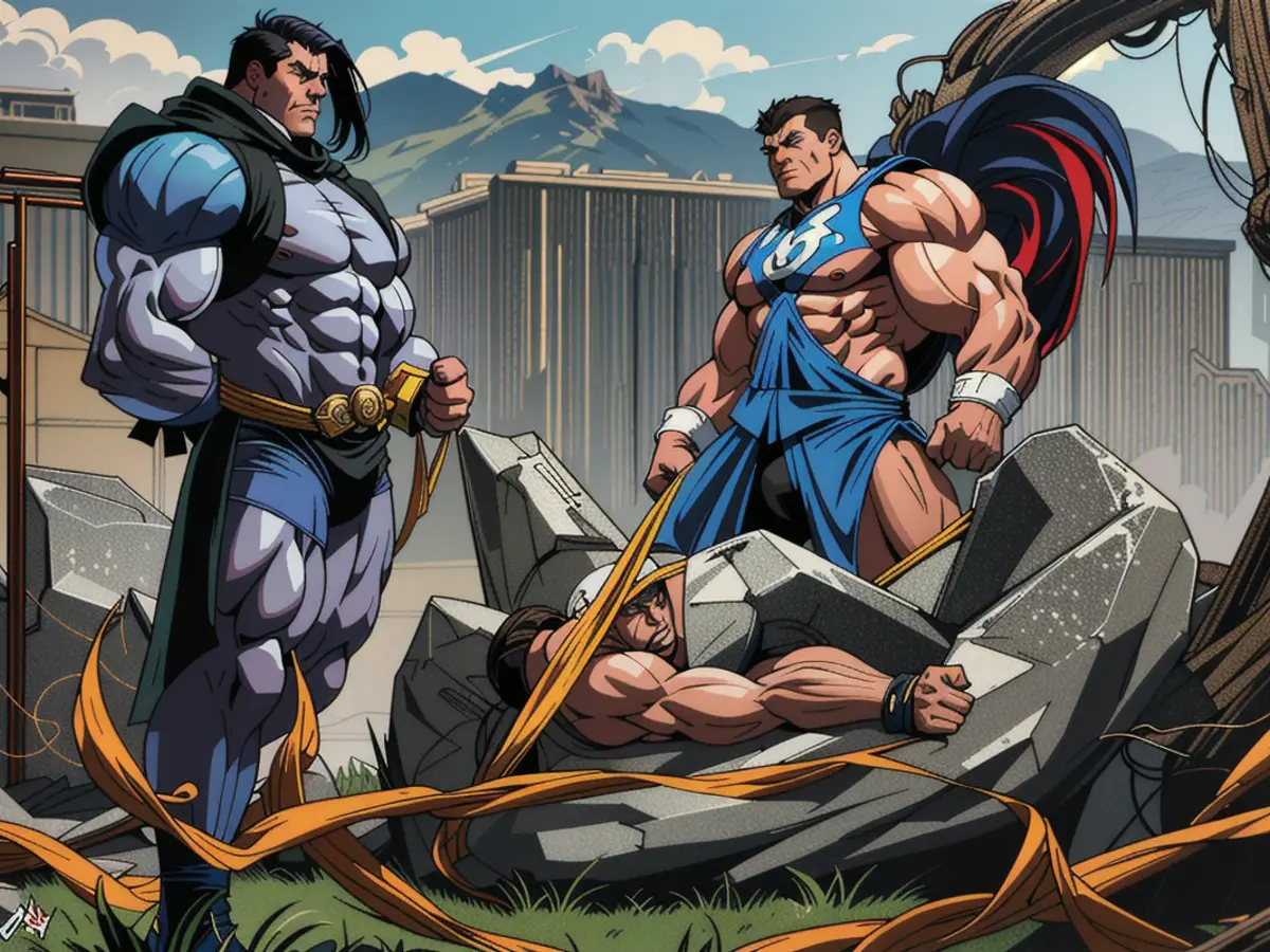 Visual portrayal of a tense political rally, featuring spinning signs, impassioned speeches, and a contentious crowd. Key figures prominently displayed. Russian military launched drone assaults on the urban centers of Kharkiv and Dnipro, allegedly confirmed by Ukrainian sources.