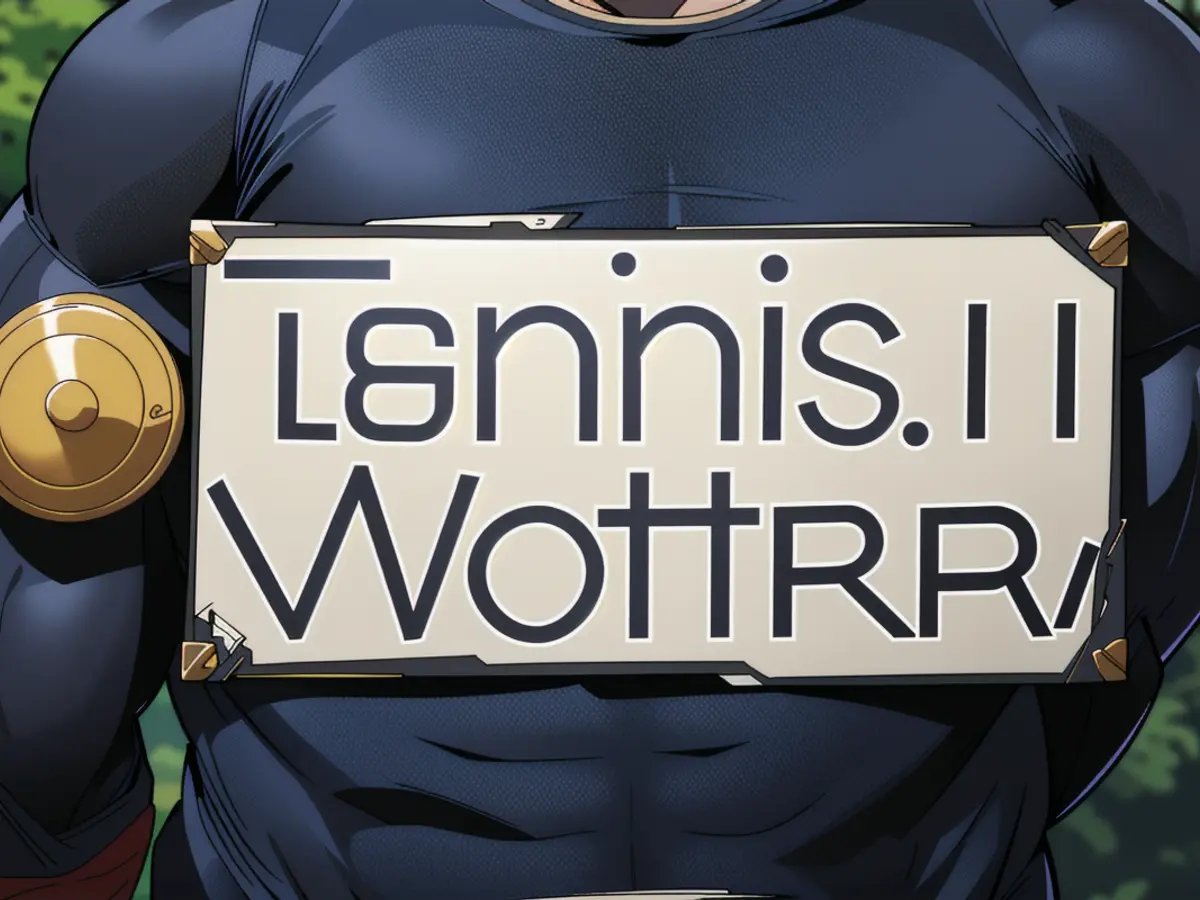 Man in white shirt and jeans, holding a smartphone, standing next to a large billboard with 'Firm A' logo, looking concerned. Mastering profitable tennis wagers: tactics, tips, odds analysis, player and tournament breakdowns. Dive in immediate!