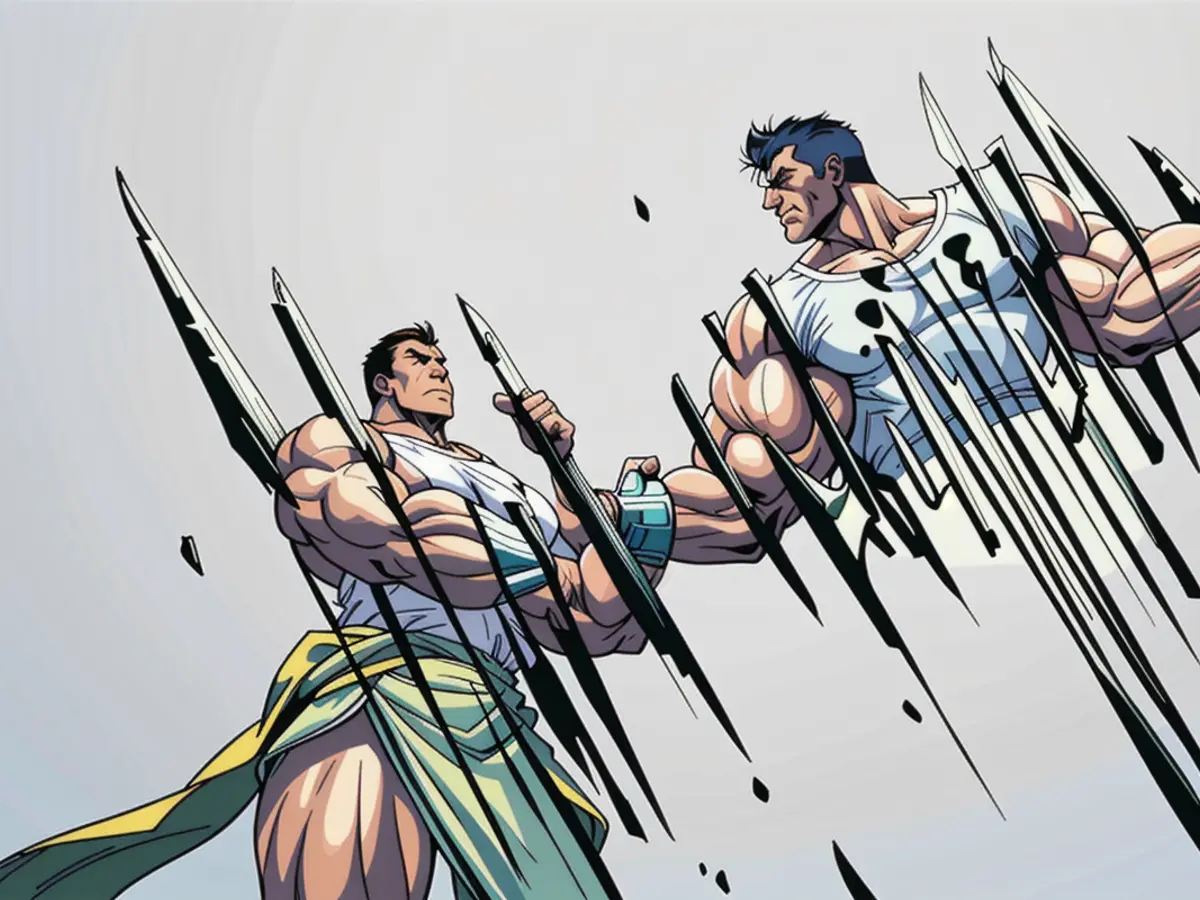 User requests an image depiction of a violent, bloody underground fight between two notorious criminal clans. The image showcases a dimly lit, rundown warehouse filled with menacing-looking individuals from both clans scattered around, with one gang leader on the ground, bleeding profusely while the victorious opponent stands over him, triumphantly brandishing a weapon. Imminent risk of tsunami revealed