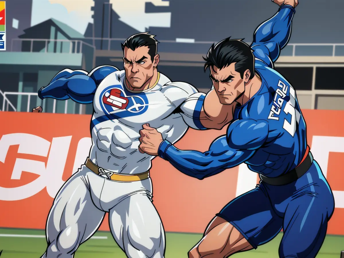 Amoura of Wolfsburg and Chaves of Hoffenheim engage in a confrontation captured in photo.