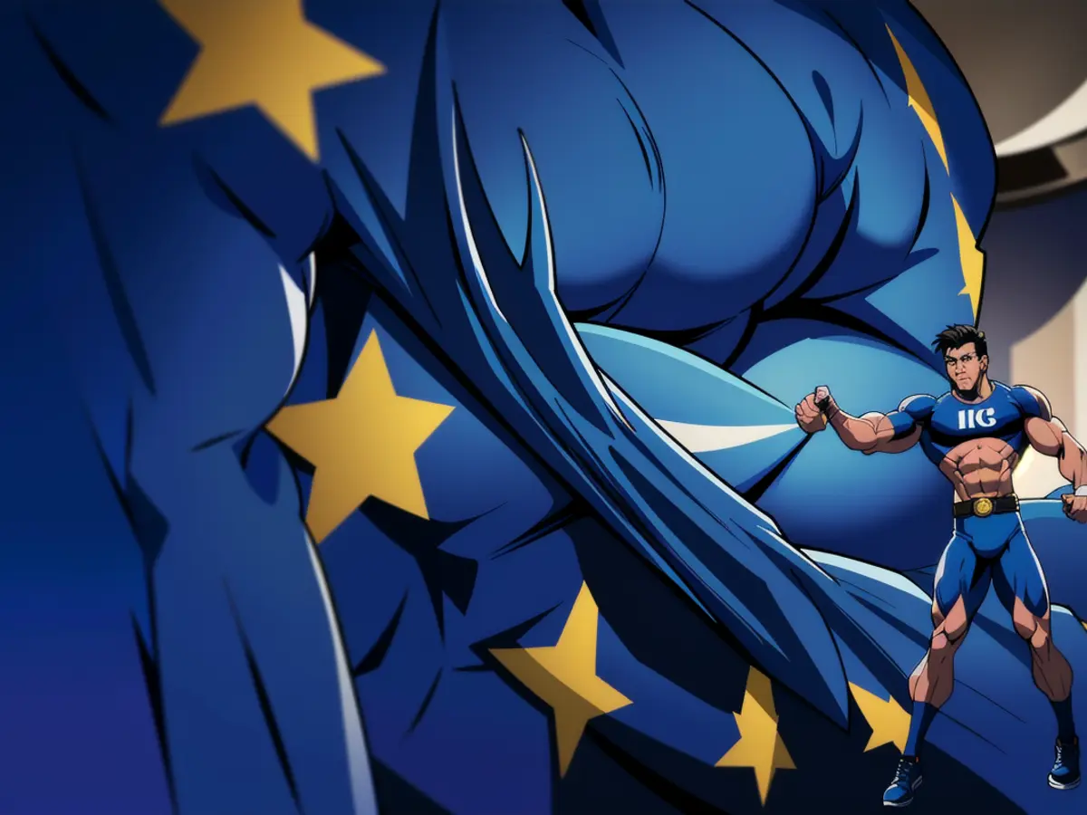 EU flags pass by as individuals walk by