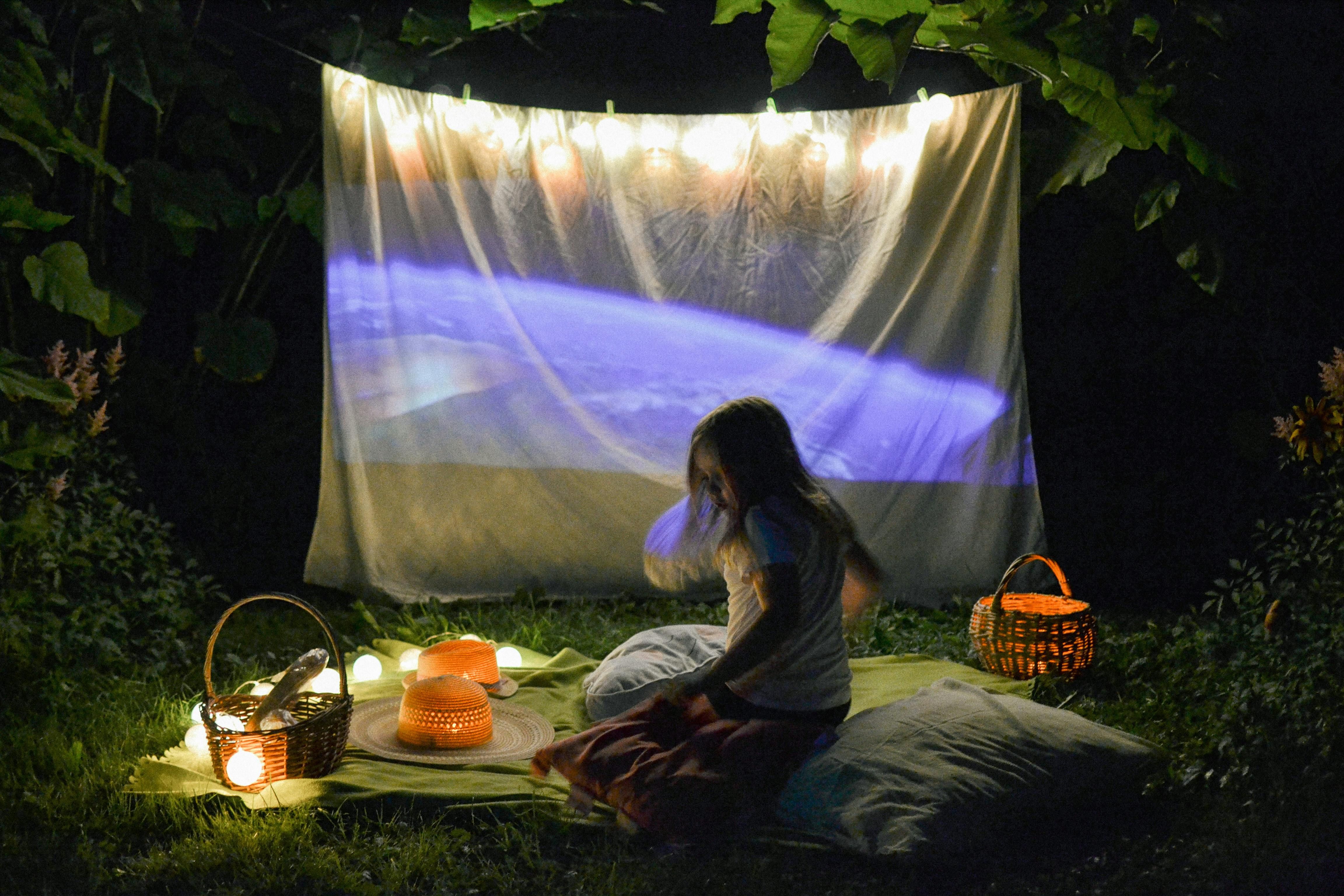 Projected movie shown on screen Projected movie image displayed on screen