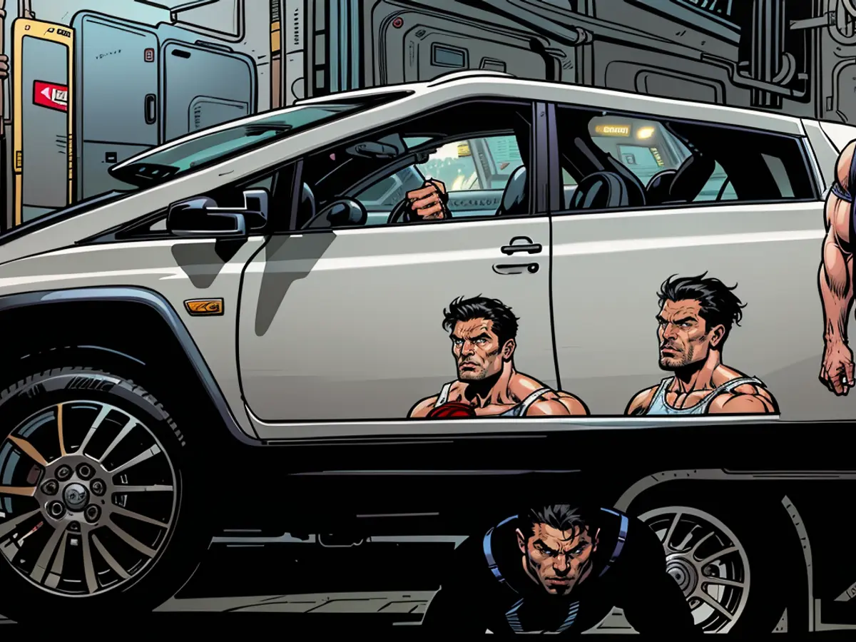 Swiftly opening the cyber truck's door, a thief effortlessly removes the tank's glass frame.