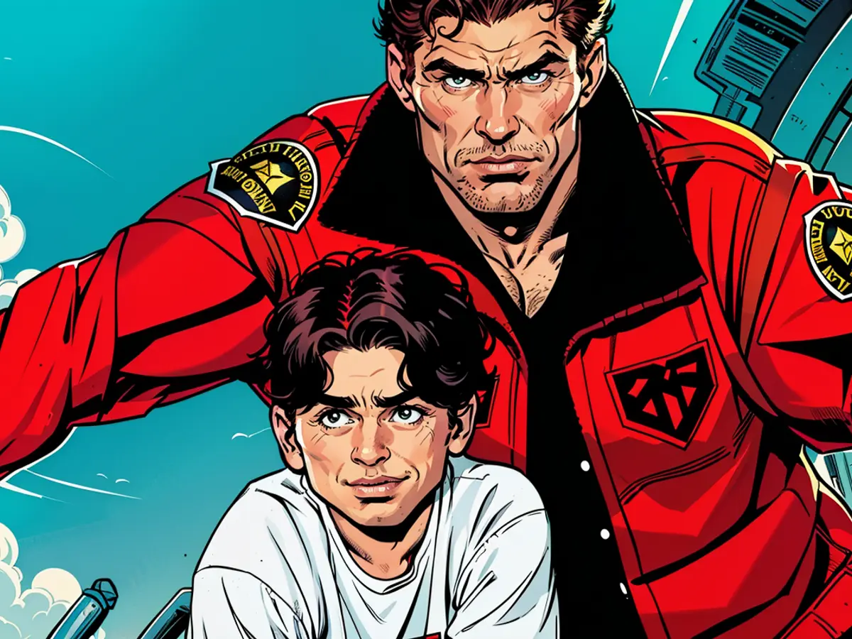 Undercover teen surreptitiously investigating Pamela Anderson's bathing suit during Baywatch.