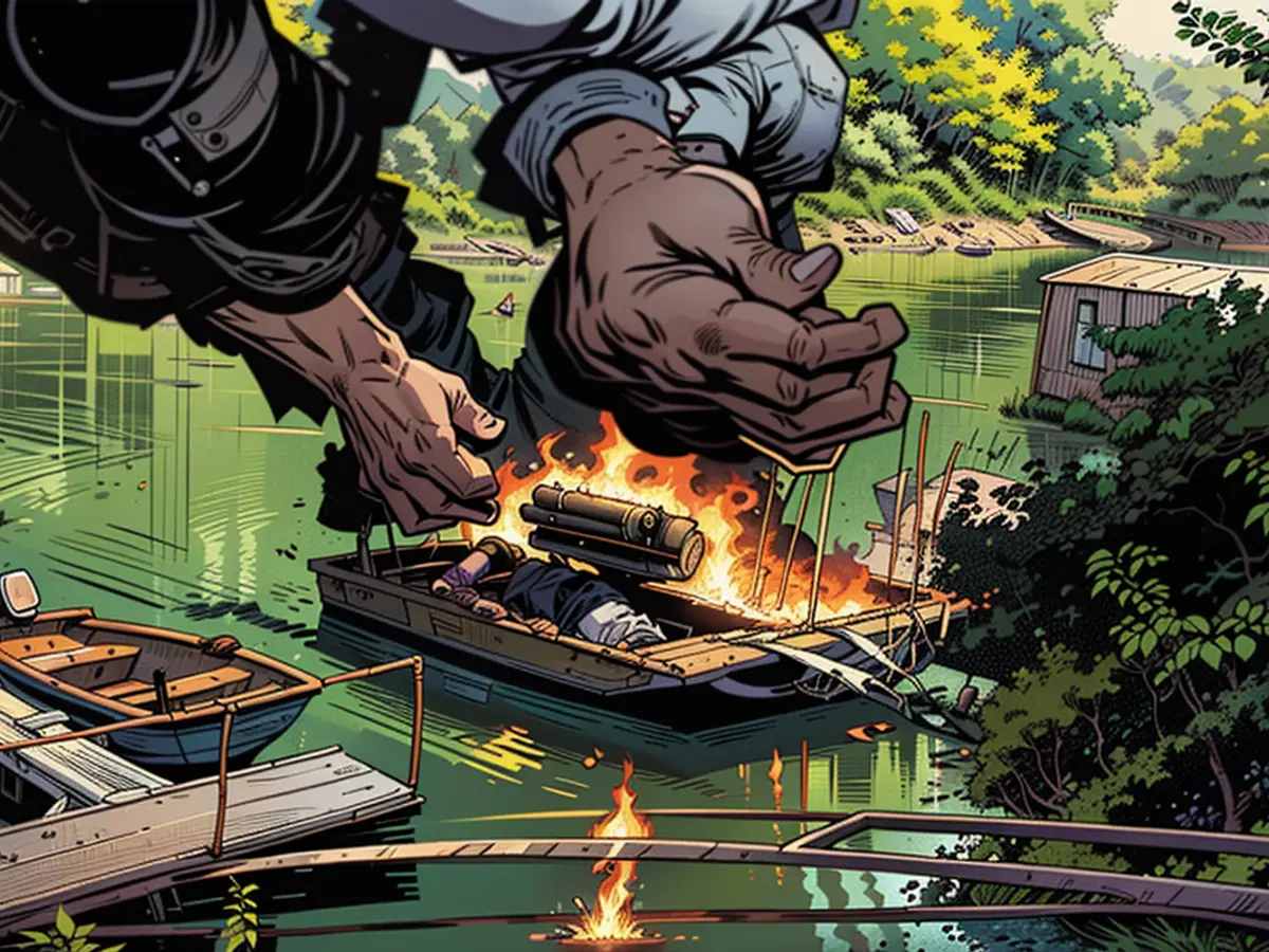 Maritime vessels housing sports equipment succumb to flame-driven devastation at the harbor.